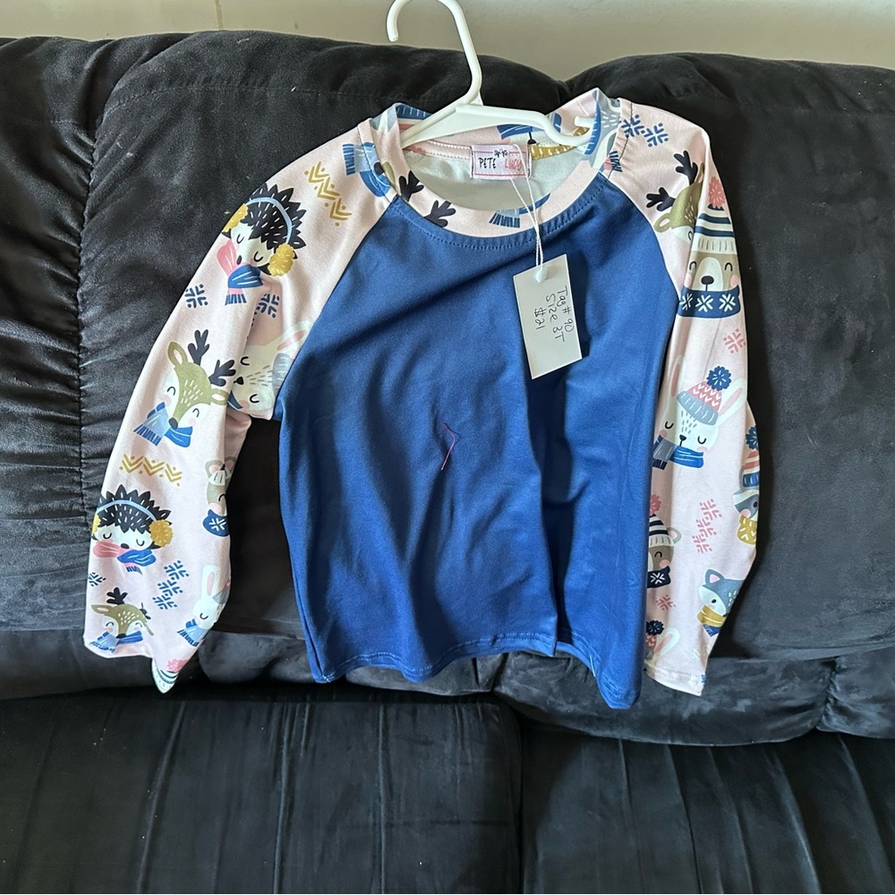 Kids Long Sleeve Shirt with Blue and Pink Patterned Sleeves